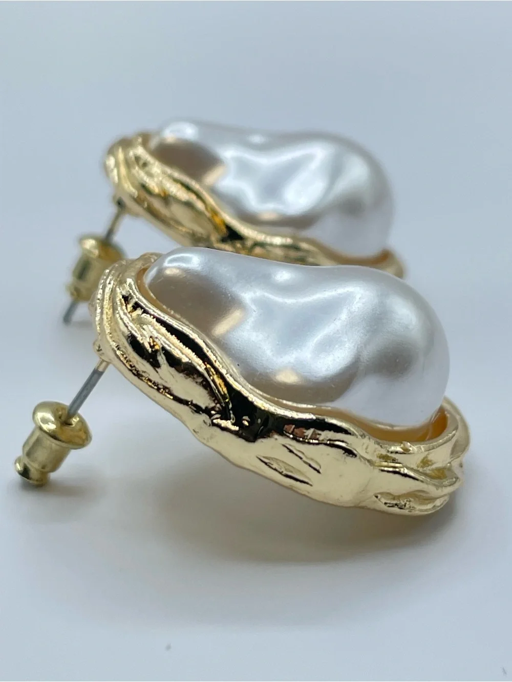 Gold Faux Baroque Pearl Stud Earrings Coastal Chic Statement Bold
